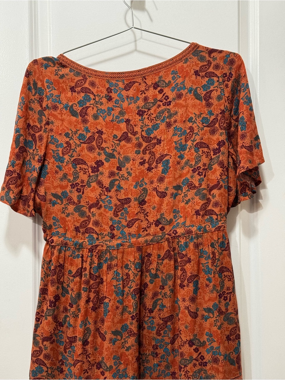 Idyllwind Rust/Blue Paisley V-Neck Tie-Waist Mini Dress size L Pit 22” L 36” - Picture 10 of 12